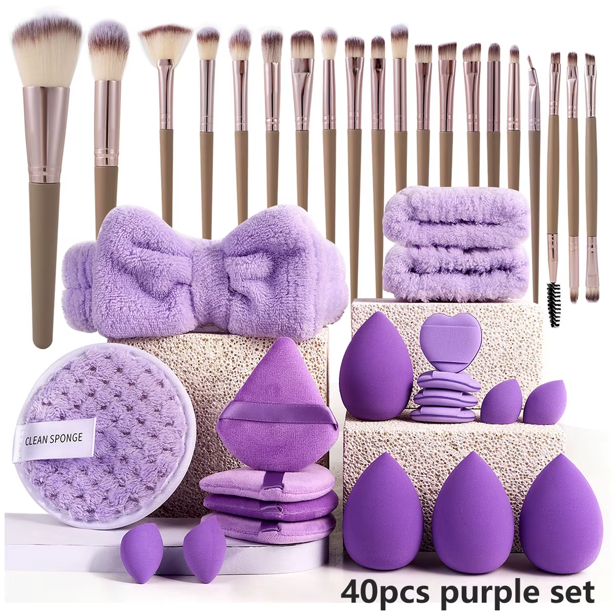 Makeup Brushes and Sponges Set, Brown Makeup Puff, Beauty Egg, Headband, Wristband Remover Kit, Makeup Tool, Gift, 20/40