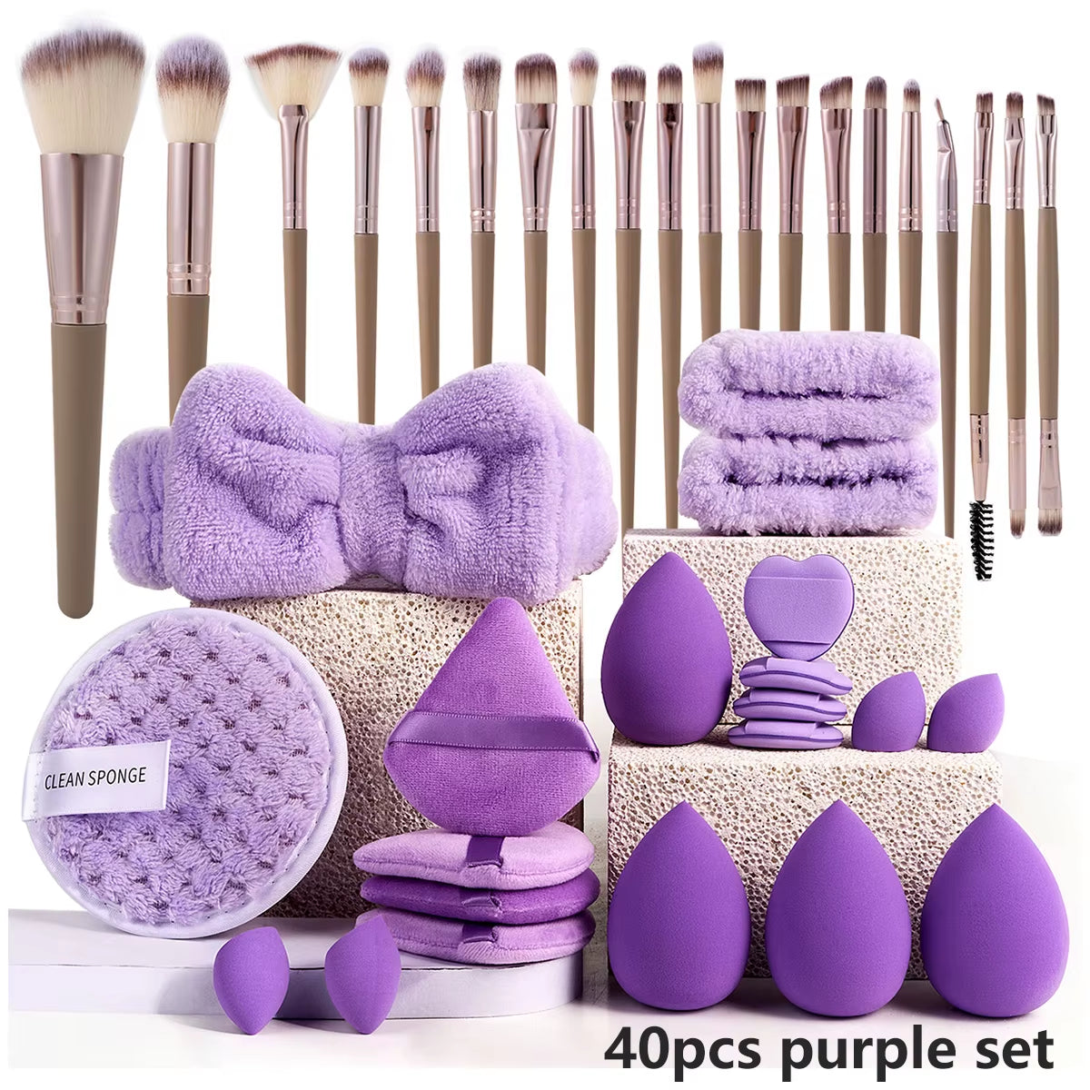Makeup Brushes and Sponges Set, Brown Makeup Puff, Beauty Egg, Headband, Wristband Remover Kit, Makeup Tool, Gift, 20/40