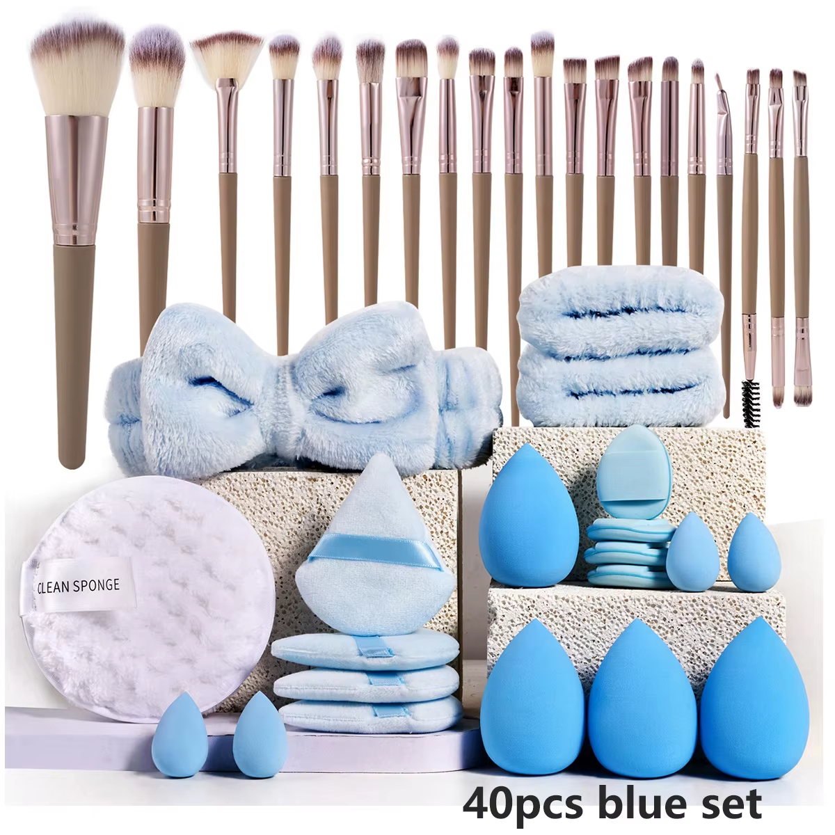 Makeup Brushes and Sponges Set, Brown Makeup Puff, Beauty Egg, Headband, Wristband Remover Kit, Makeup Tool, Gift, 20/40