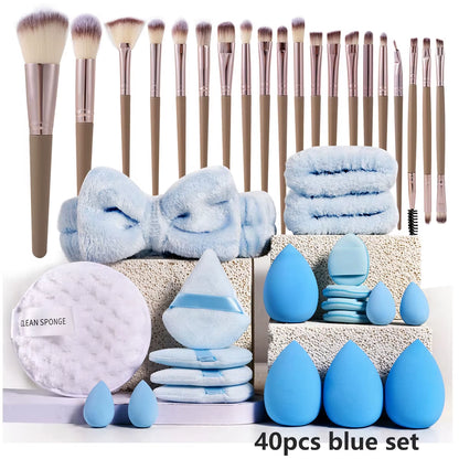Makeup Brushes and Sponges Set, Brown Makeup Puff, Beauty Egg, Headband, Wristband Remover Kit, Makeup Tool, Gift, 20/40