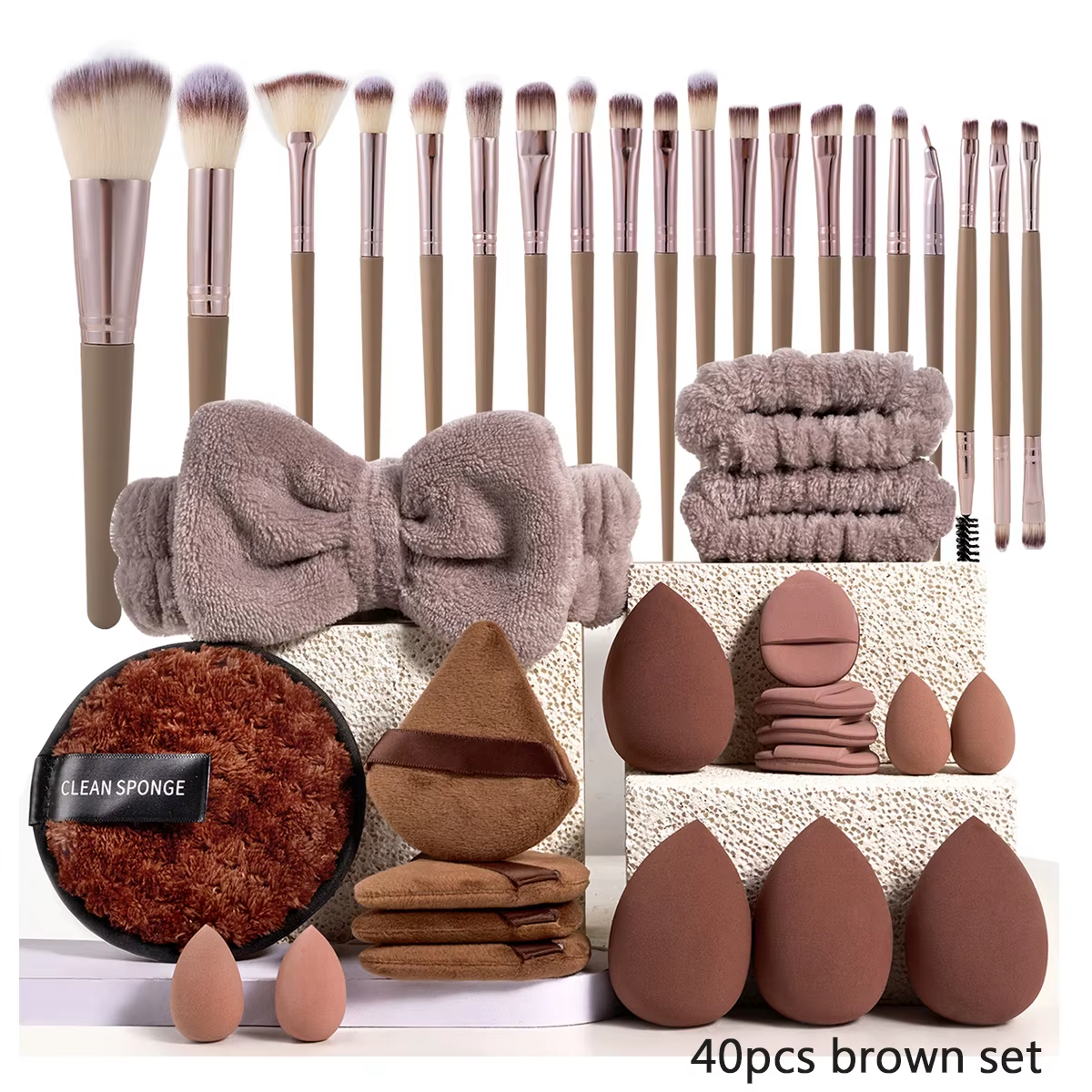 Makeup Brushes and Sponges Set, Brown Makeup Puff, Beauty Egg, Headband, Wristband Remover Kit, Makeup Tool, Gift, 20/40