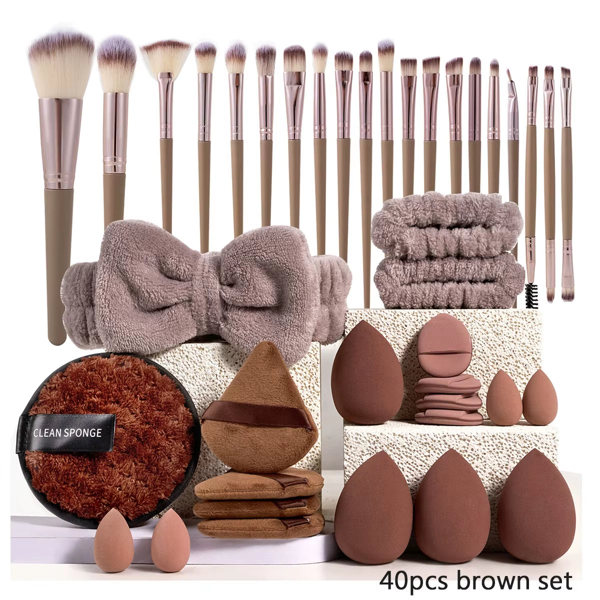 Makeup Brushes and Sponges Set, Brown Makeup Puff, Beauty Egg, Headband, Wristband Remover Kit, Makeup Tool, Gift, 20/40